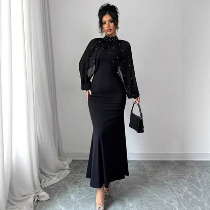 High Neck Rhinestone Mesh Sleeve Mermaid Maxi Dress