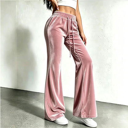 Women's Velvet High Waist Flare Pants Drawstring Casual