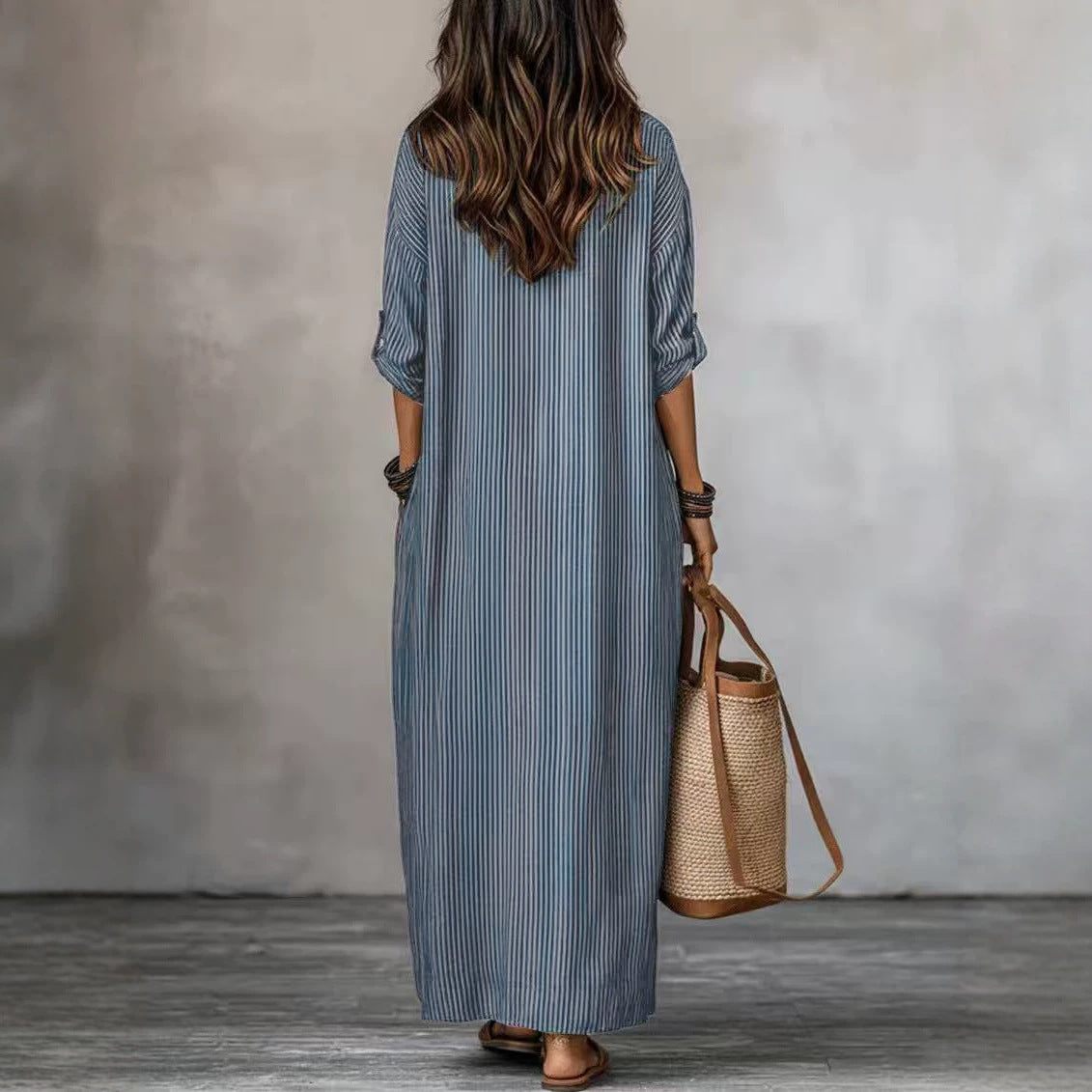 Striped V-Neck Maxi Dress Loose Casual 3/4 Sleeve