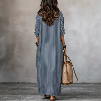 Striped V-Neck Maxi Dress Loose Casual 3/4 Sleeve