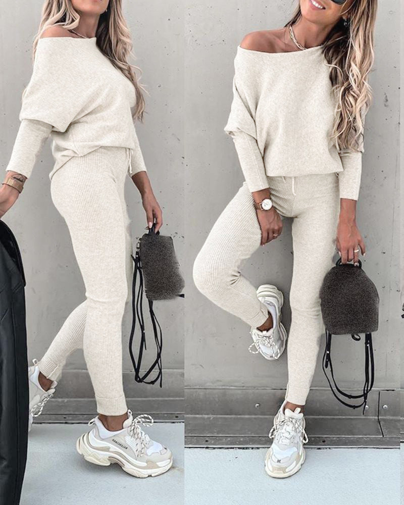 Women's Off Shoulder Ribbed Two Piece Lounge Set