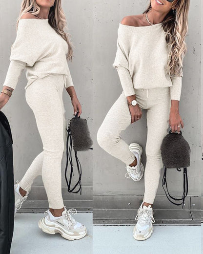 Women's Off Shoulder Ribbed Two Piece Lounge Set