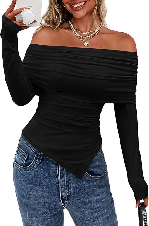 Off Shoulder Long Sleeve Asymmetric Hem Slim Fit Top