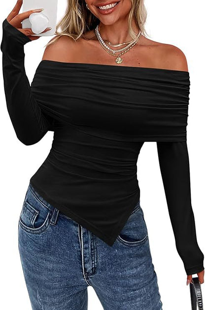Off Shoulder Long Sleeve Asymmetric Hem Slim Fit Top