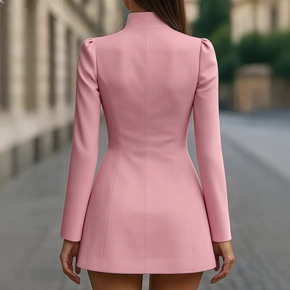 Elegant High Neck Button Front Long Sleeve Mini Dress