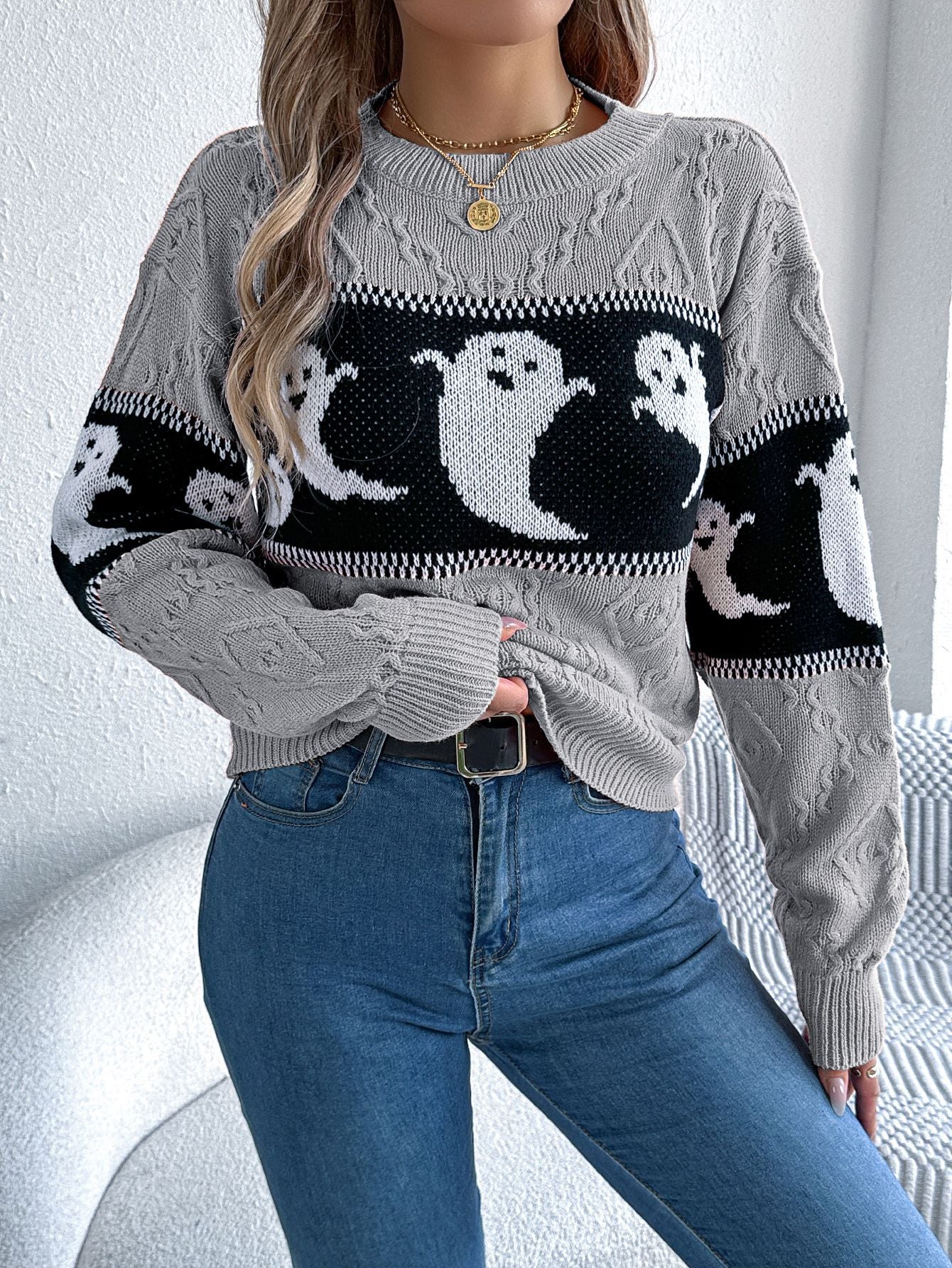 Ghost Print Colorblock Sweater - Halloween Fall Pullover
