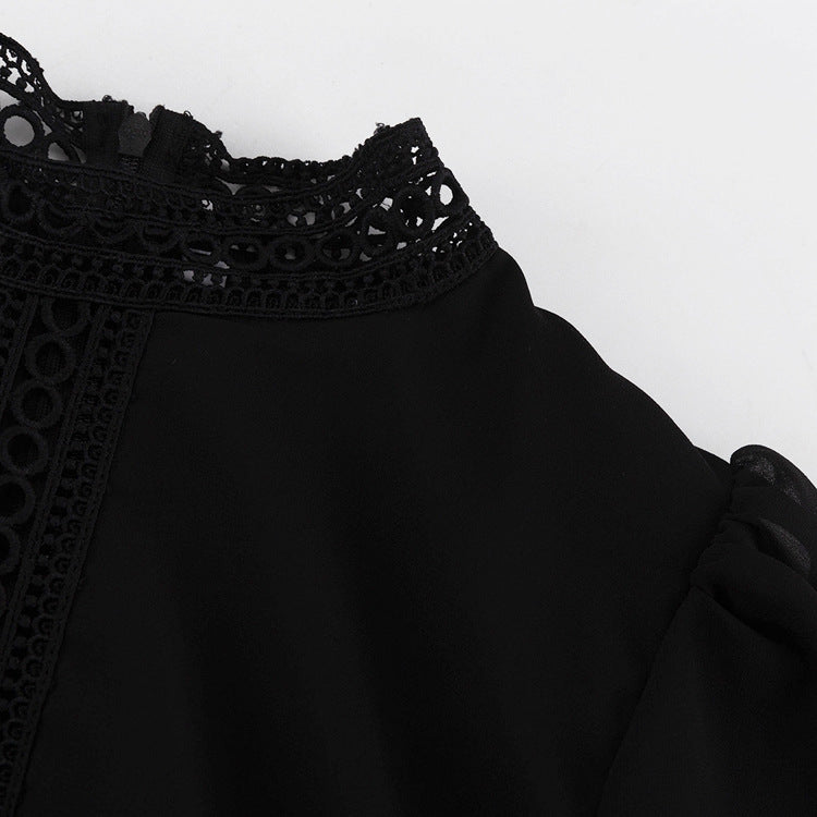 Black Chiffon Cutout Mini Dress Mock Neck Long Sleeve