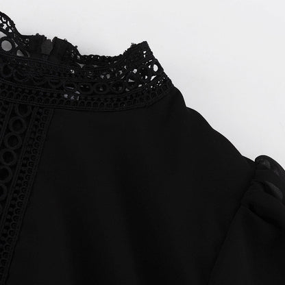 Black Chiffon Cutout Mini Dress Mock Neck Long Sleeve