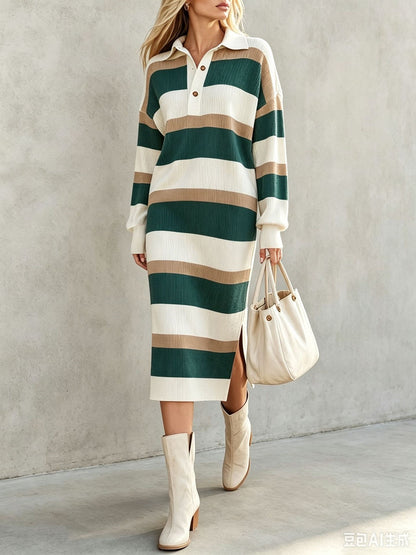 Women's Striped Polo Sweater Dress Long Sleeve Midi Slit