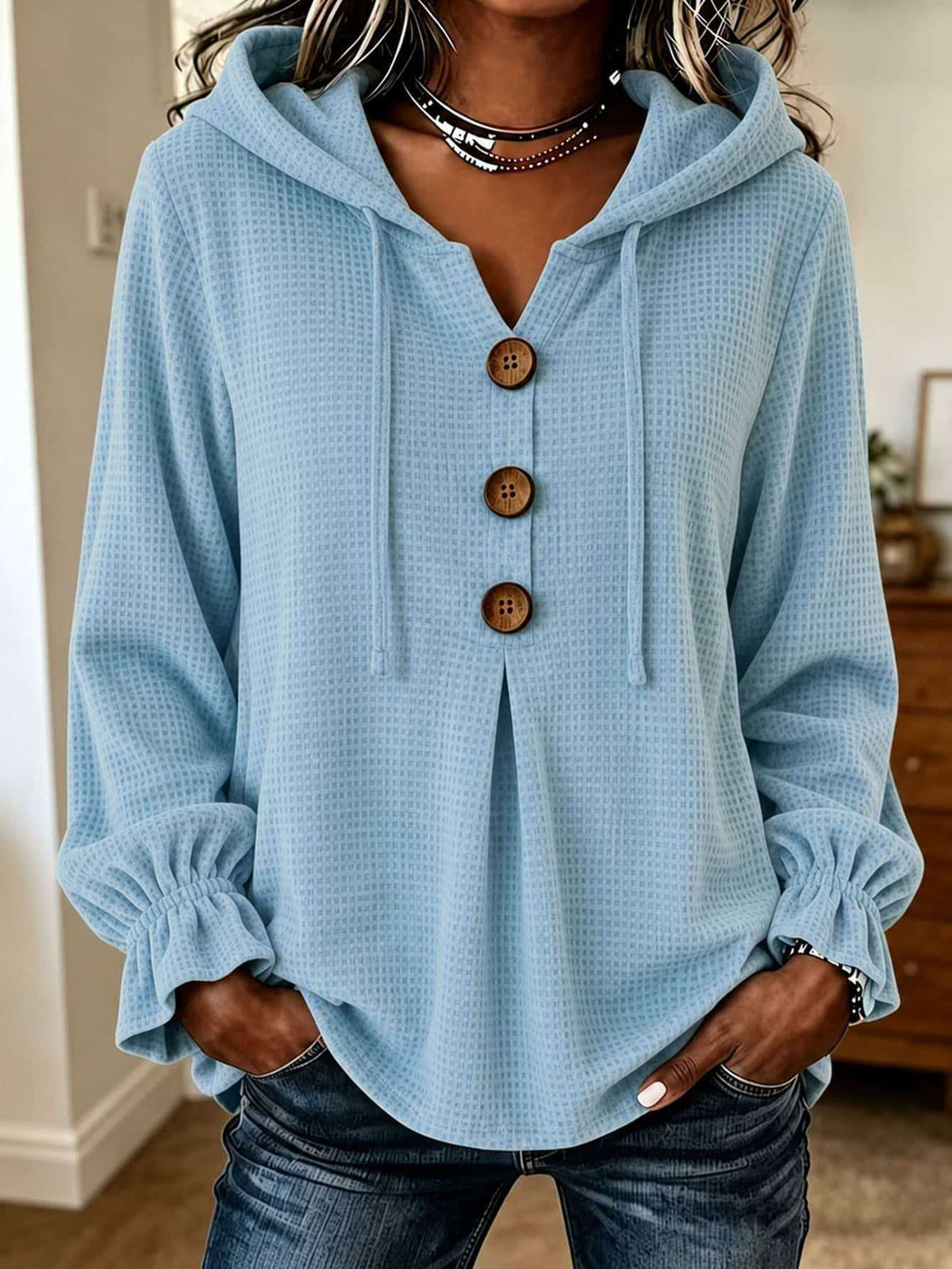 Waffle Knit Hooded Henley V Neck Long Sleeve Top