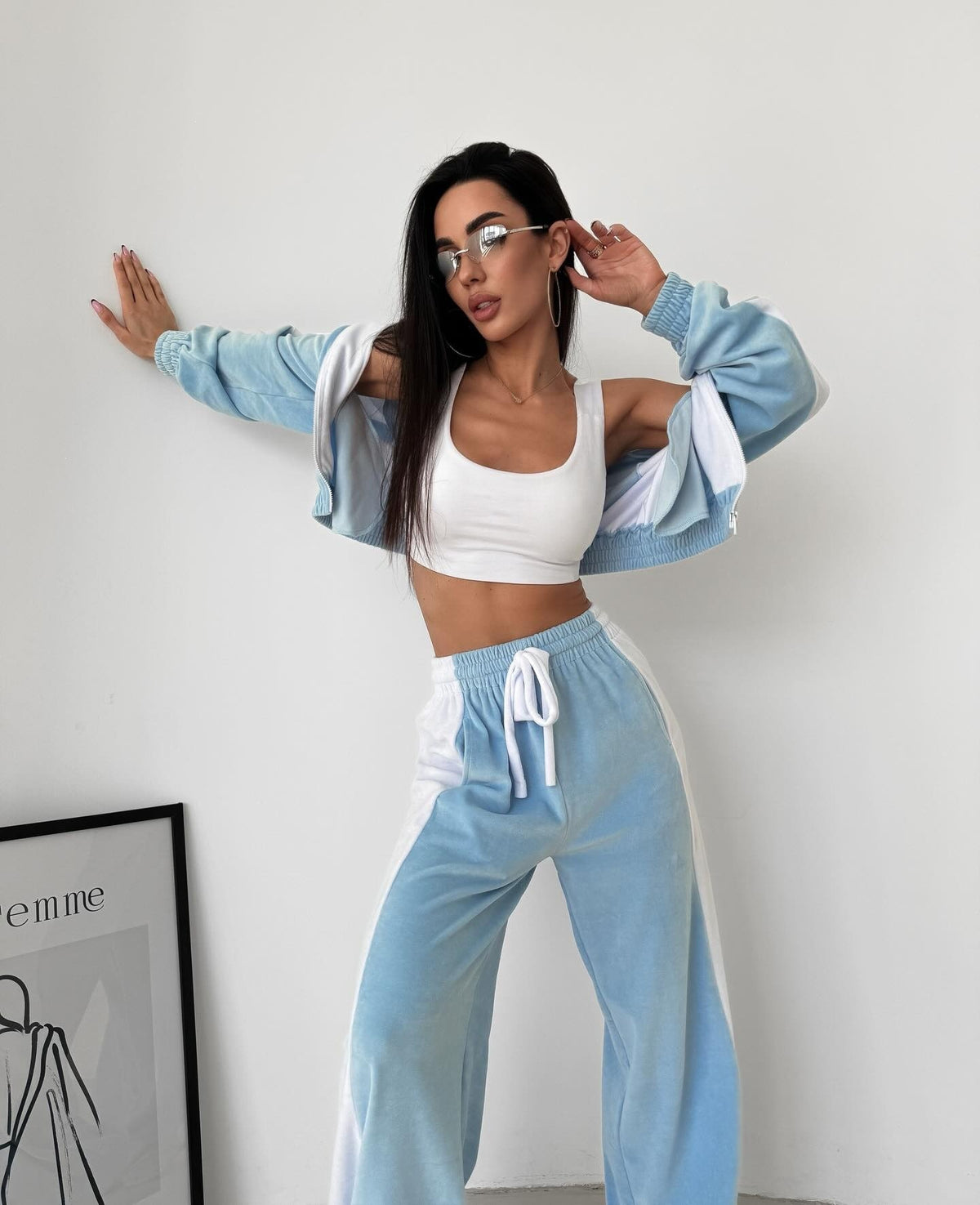 Velvet Tracksuit Color Block Zip Jacket Pants Set
