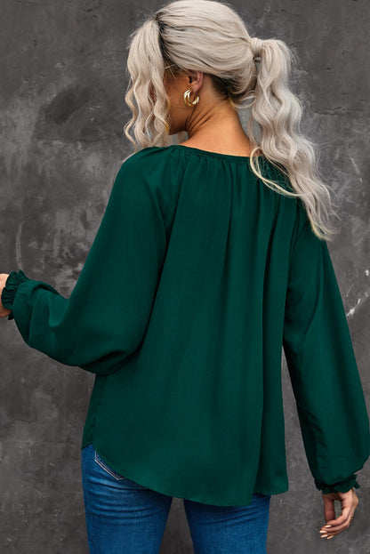 Pleated V Neck Puffy Sleeve Blouse Plus Size