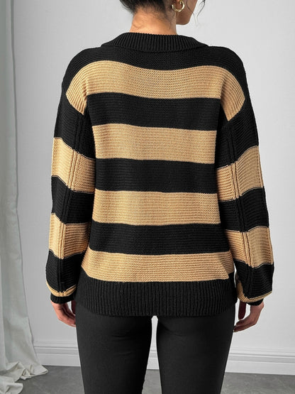 Women's Striped V-Neck Floral Pocket Balloon Sleeve Sweater