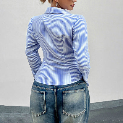 Blue Stripe Button Down Fitted Shirt Chic Long Sleeve Top