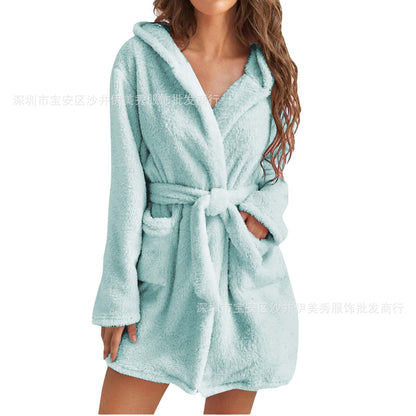 Womens Hooded Plush Fleece Robe Soft Warm Winter