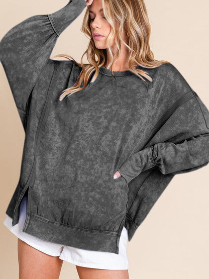 Acid Wash Oversized Sweatshirt Side Slit Drop Shoulder