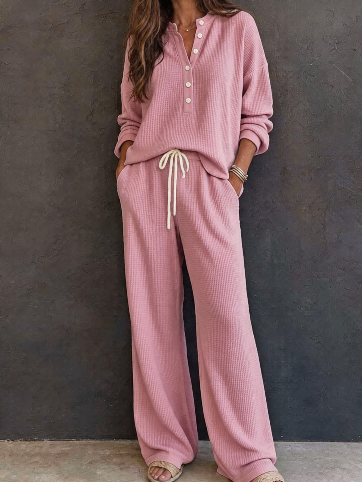 Waffle Knit Lounge Set Women Two Piece Wide Leg Pants