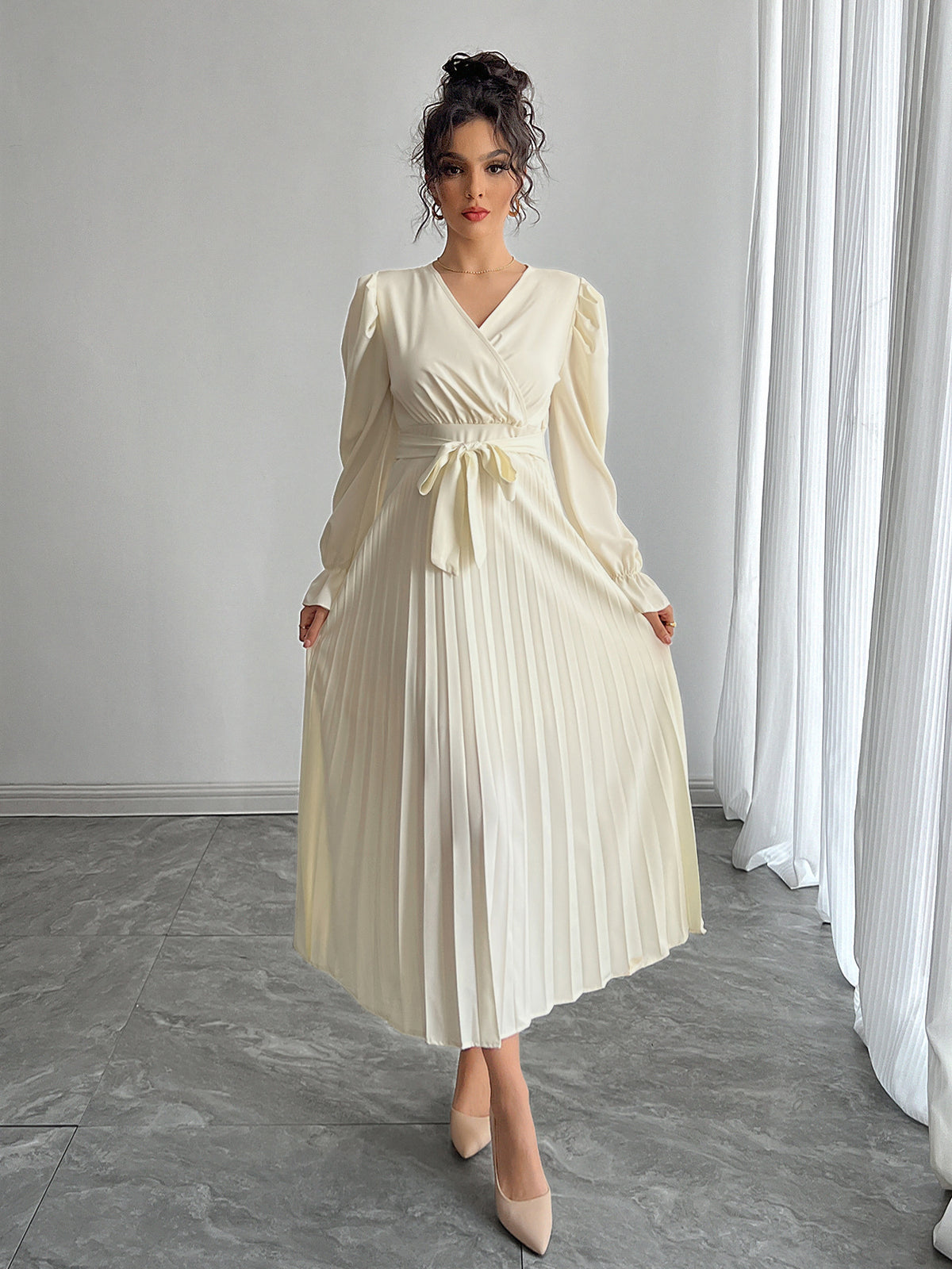 Satin Pleated Maxi Dress Wrap V-Neck Long Sleeve Tie Waist