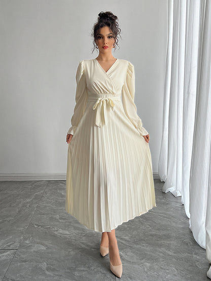 Satin Pleated Maxi Dress Wrap V-Neck Long Sleeve Tie Waist