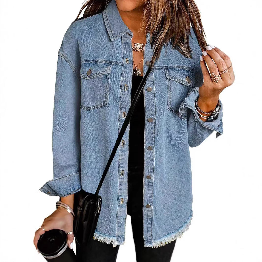 Women's Oversized Denim Shacket Frayed Hem