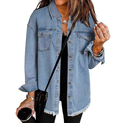 Women's Oversized Denim Shacket Frayed Hem