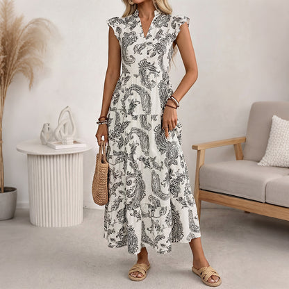 Boho Paisley Print V-Neck Flutter Sleeve Tiered Midi Dress