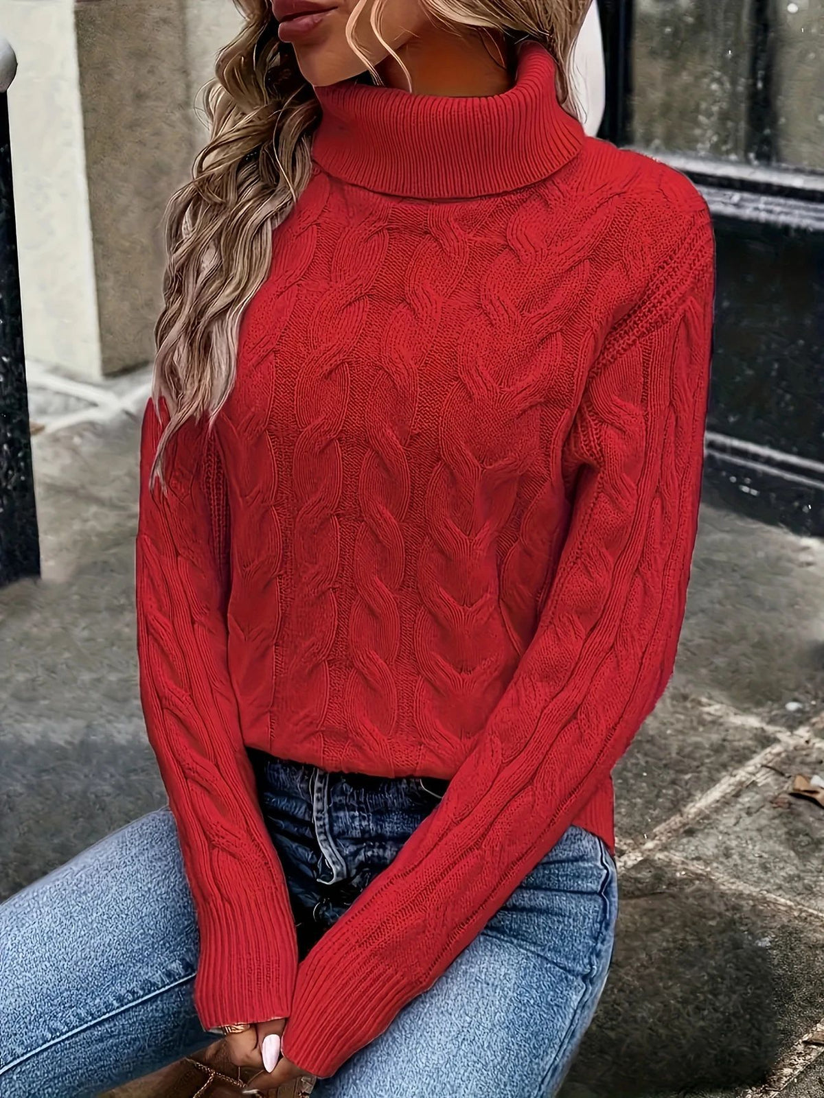 Women's Cable Knit Turtleneck Sweater Long Sleeve