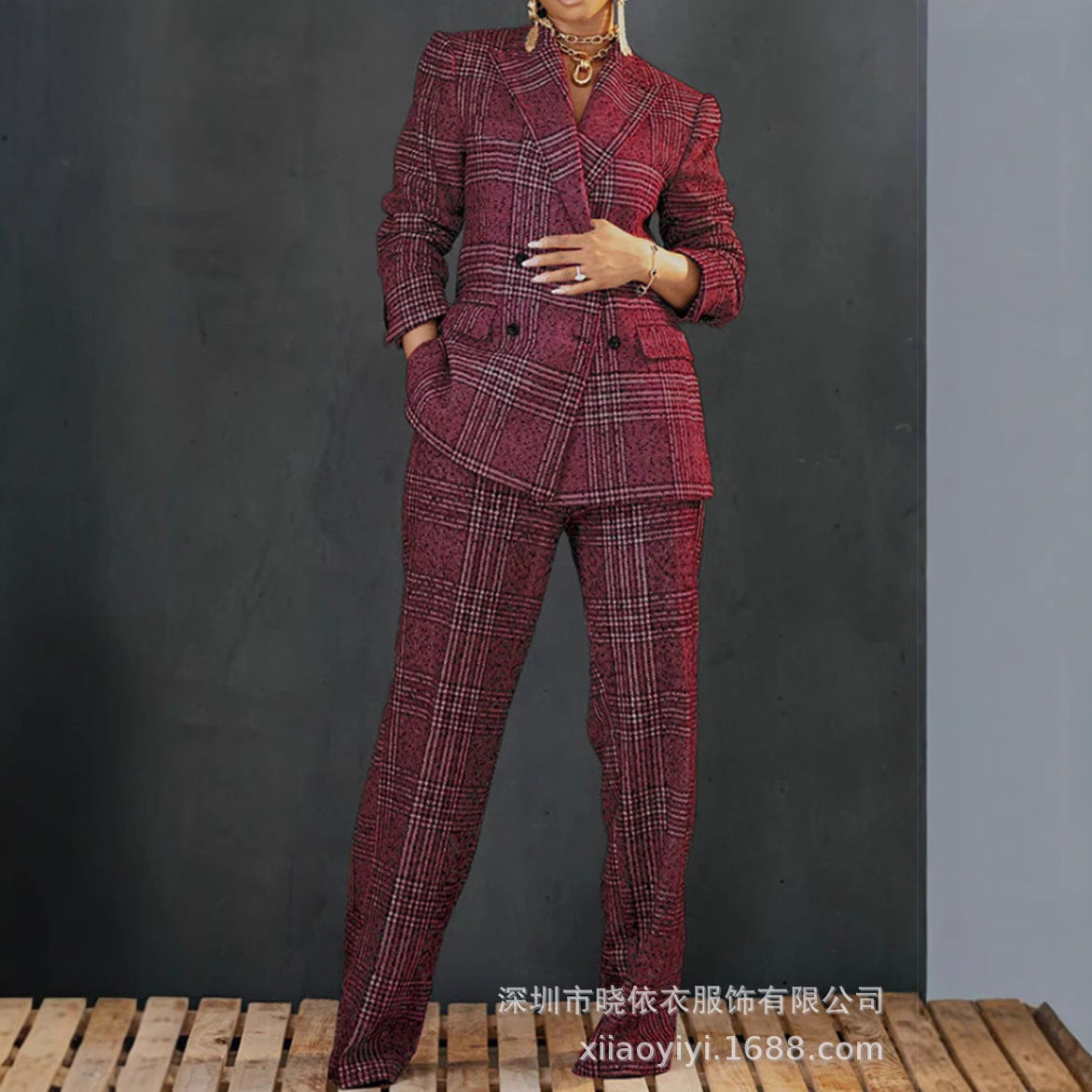 Women's Plaid Blazer & Pants Matching Cotton Linen Set