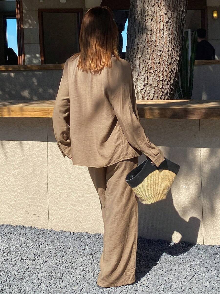 Women 2 Piece Matching Set Button Up Shirt Wide Leg Pants