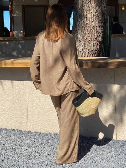 Women 2 Piece Matching Set Button Up Shirt Wide Leg Pants