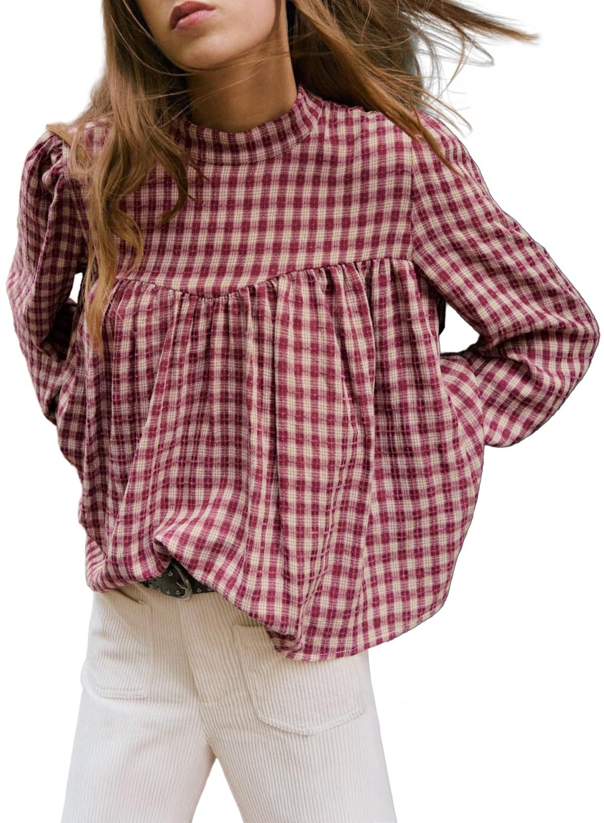 Women's Plaid Mock Neck Babydoll Long Sleeve Top