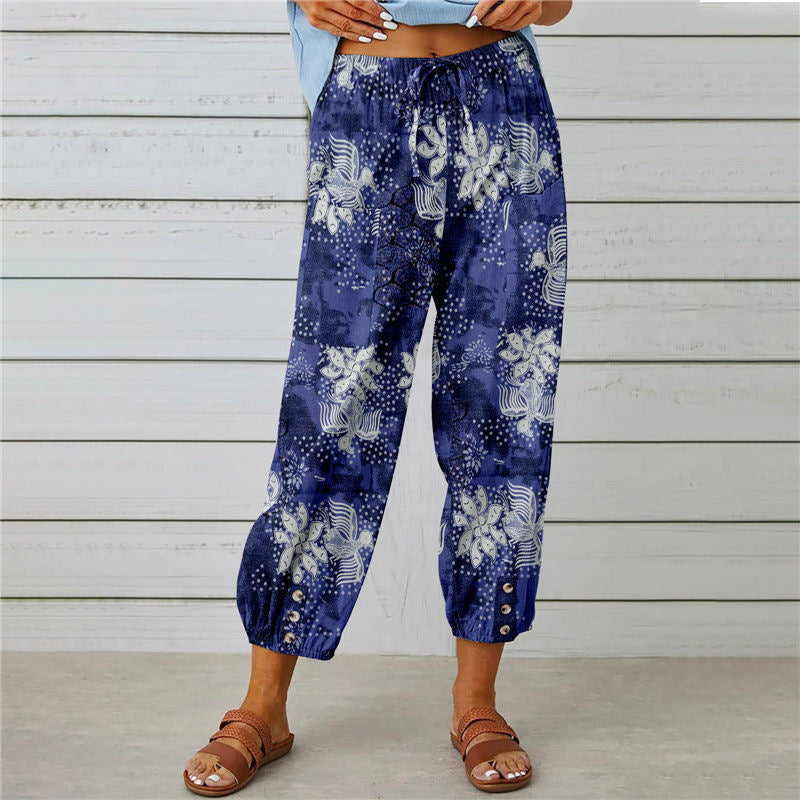 Women's Boho Floral High Waist Cotton Linen Joggers