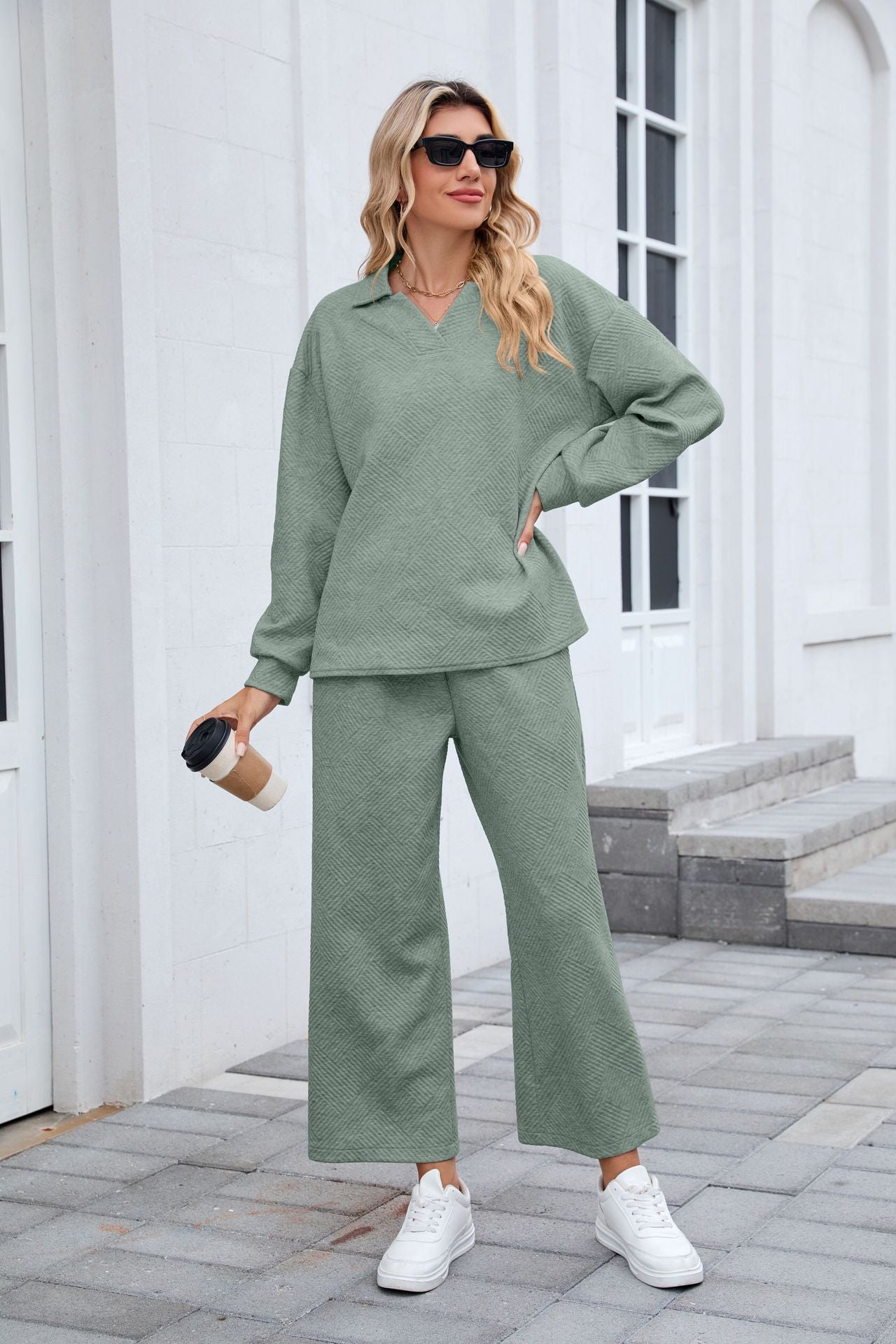 Women's Lounge Set Long Sleeve Collar Top Wide Leg Pants
