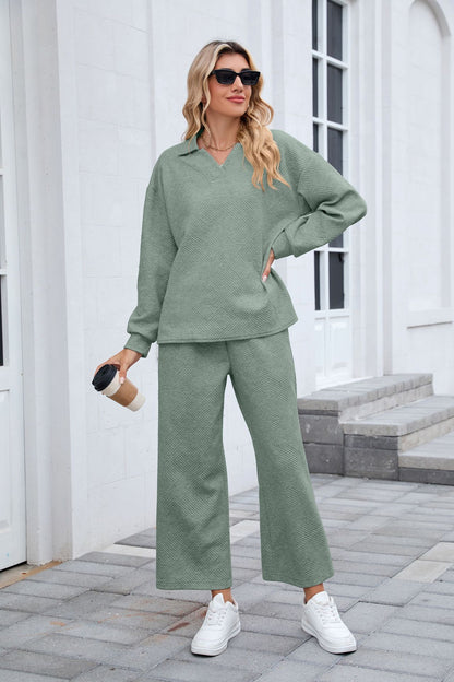 Women's Lounge Set Long Sleeve Collar Top Wide Leg Pants