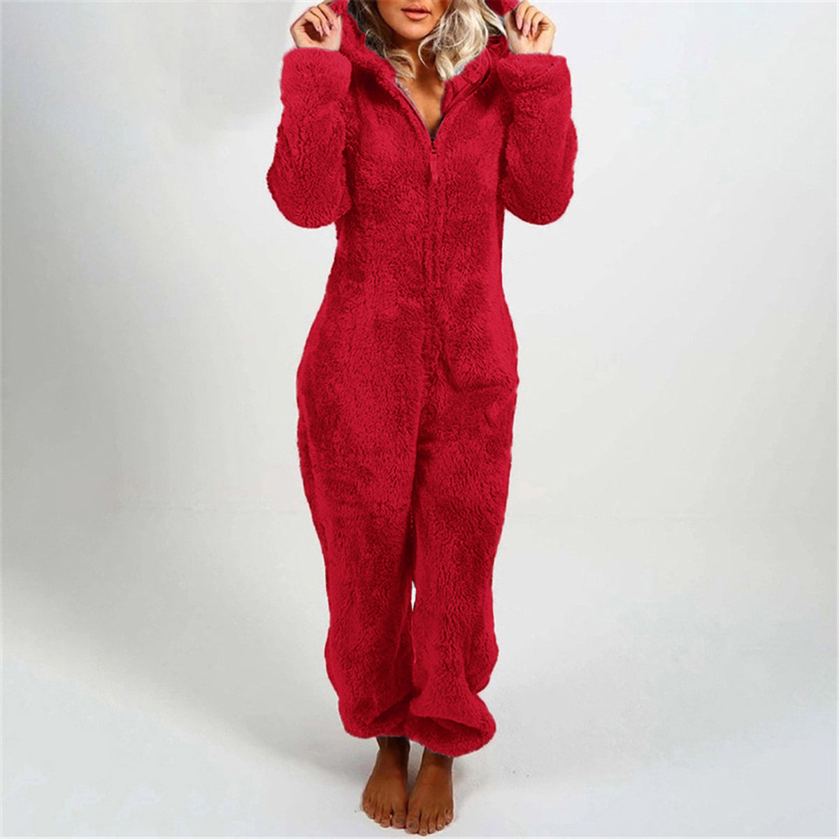 Women Sherpa Fleece Hooded Zip Up Jumpsuit