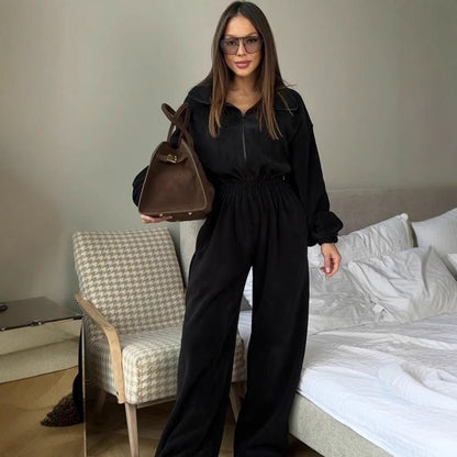 Zip Up Fleece Jumpsuit with Elastic Waist