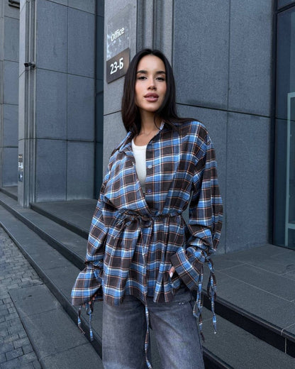 Oversized Plaid Tie Waist Long Sleeve Shirt Women