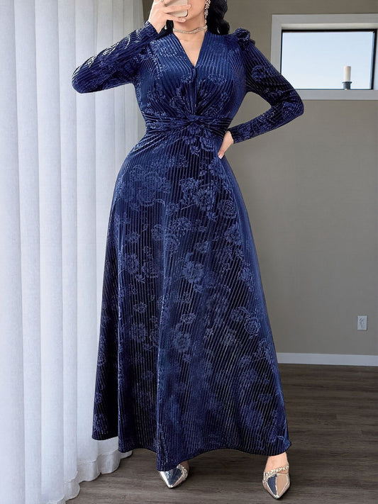 Floral Velvet Maxi Dress V Neck Twist Waist Evening Gown