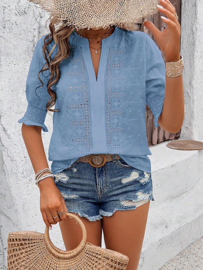 Mint Green Eyelet V Neck Boho Puff Sleeve Top