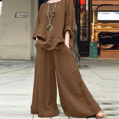 Linen Blend Two Piece Set with Wide Leg Pants