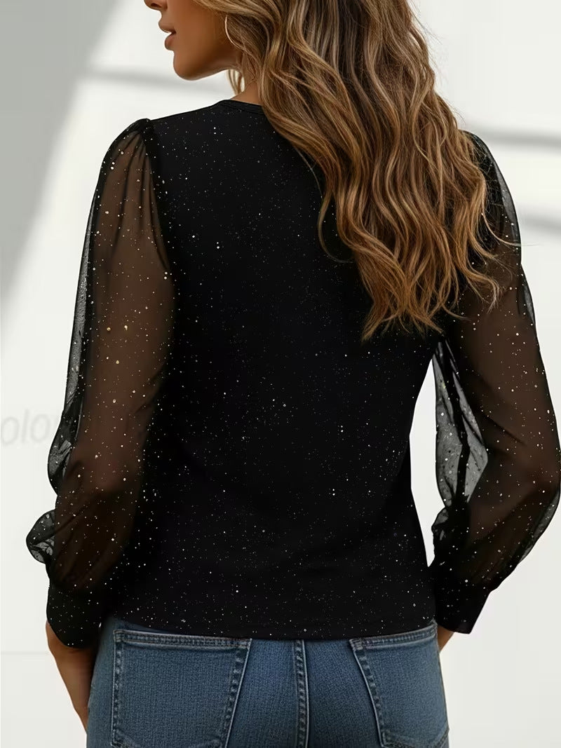 Women's Glitter Sheer Sleeve V Neck Blouse
