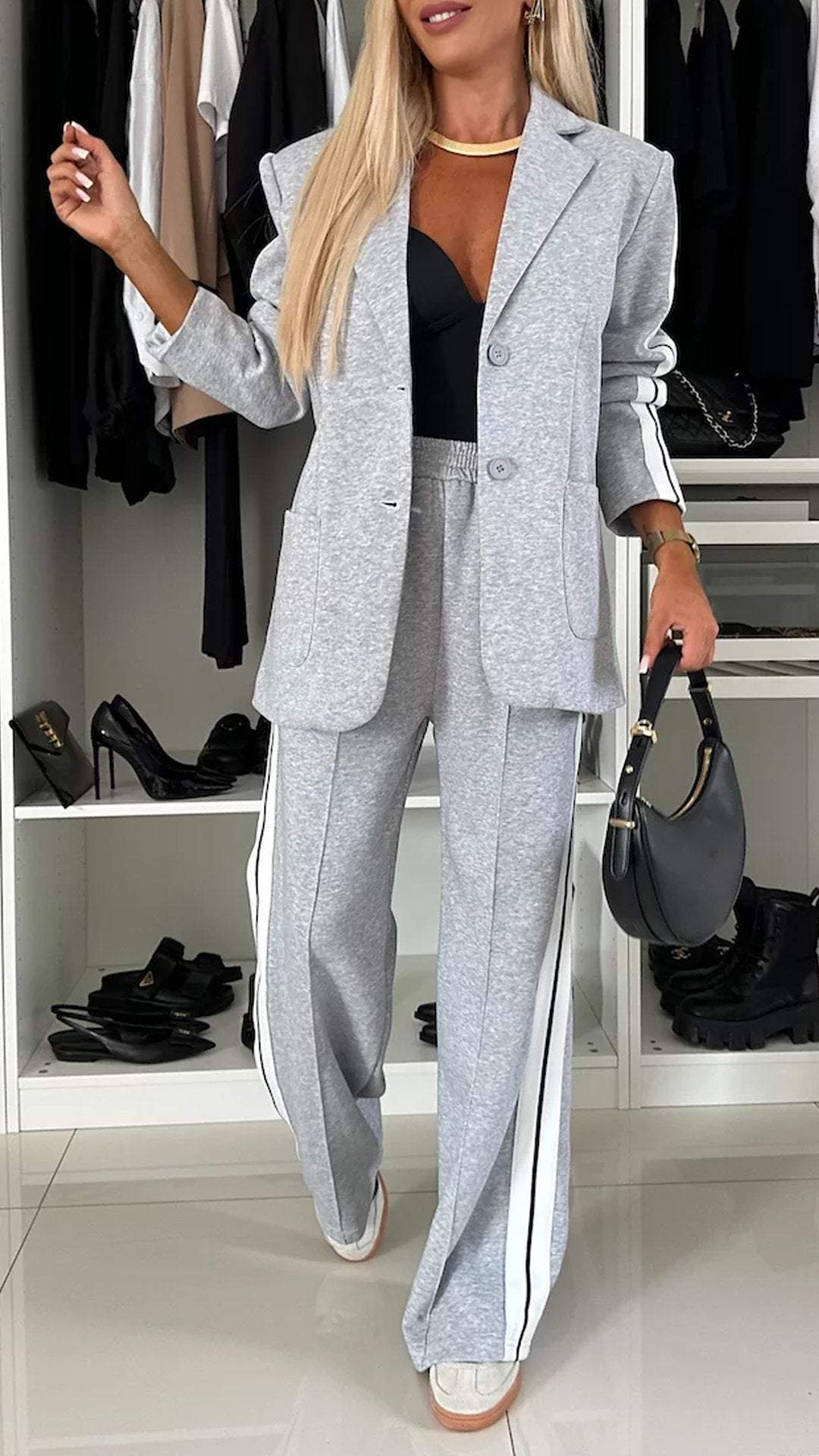Women's Side Stripe Blazer Wide Leg Pants Matching Set