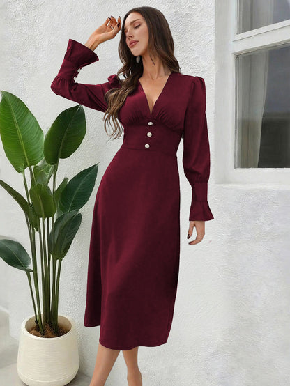 V-Neck Long Sleeve Button Front Midi Shirt Dress