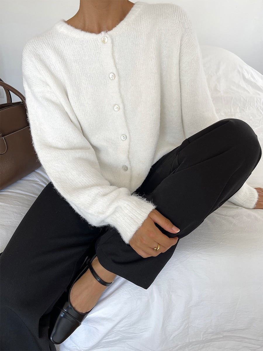 Oversized Fuzzy Button Up Crew Neck Cardigan Sweater