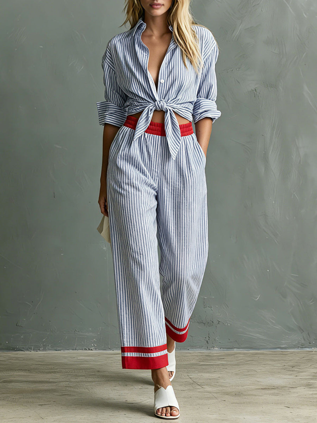 Women's Striped Button Down Shirt & Pants Matching Set
