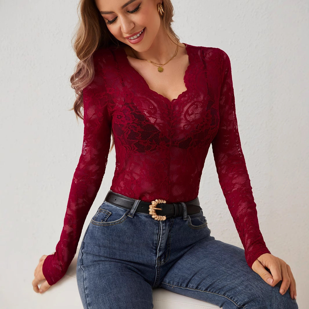 Women's V-Neck Long Sleeve Floral Lace Scalloped Top