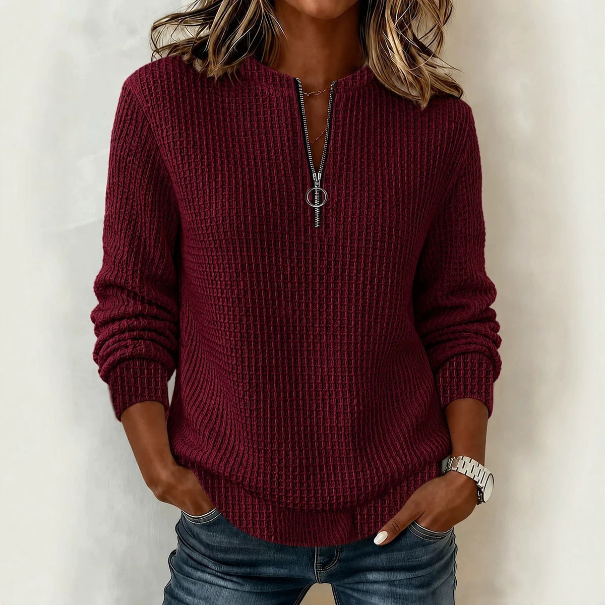 Women's Waffle Knit Half Zip Pullover Sweatshirt Top