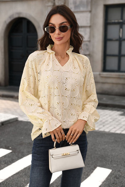 Eyelet Lace Blouse V Neck Puff Sleeve Top