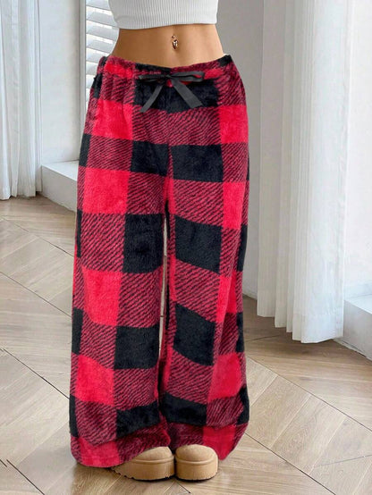 Women's Fuzzy Plaid Wide Leg Pants Drawstring Elastic Waist