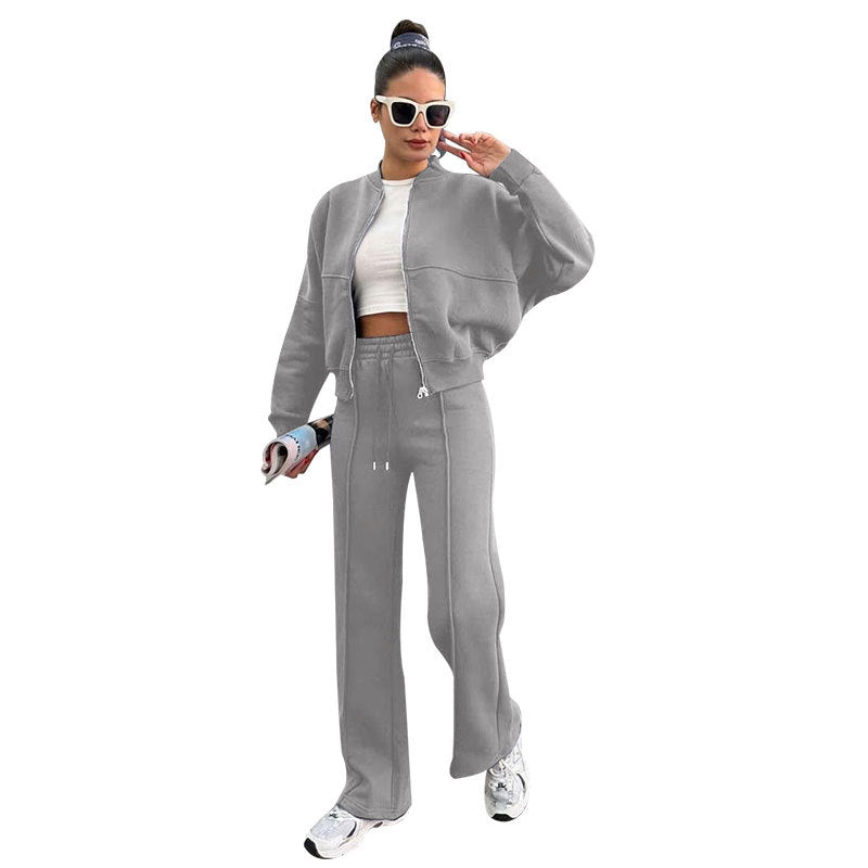 Women's Fleece Lined Zip Up Jacket Wide Leg Pants Set
